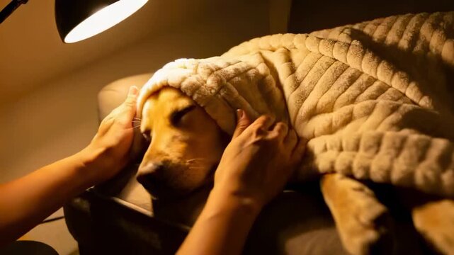 Approaching hands tucking golden dog under quilted blanket on ottoman to keep warm desk lamp lit