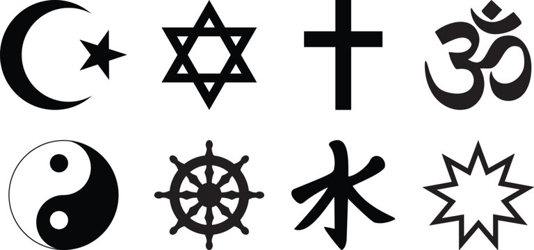World Religion Symbols Vector Set with Islam Christianity Judaism Hinduism Buddhism and Taoism Icons