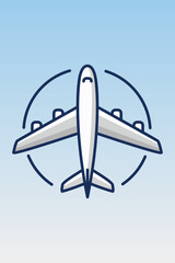 Logotipo para viajes aéreos, aviación y viajes de vacaciones. Dibujo minimalista con líneas de un avión de pasajeros con un círculo, visto desde arriba, con fondo azul  © teracreonte