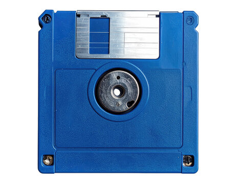 A blue 3.5 inch floppy disk with silver metal shutter and hub