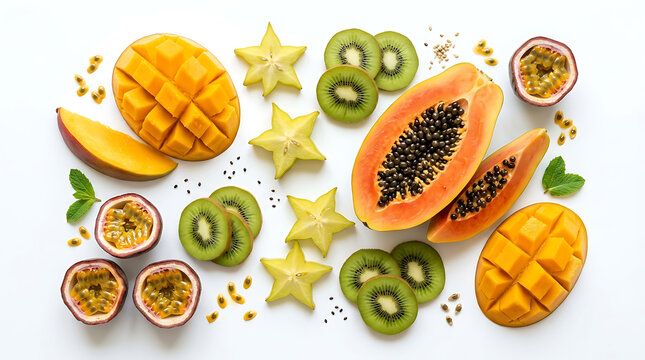 Fresh tropical fruit flatlay featuring sliced mango papaya kiwi starfruit and passion fruit arranged on a clean bright white surface