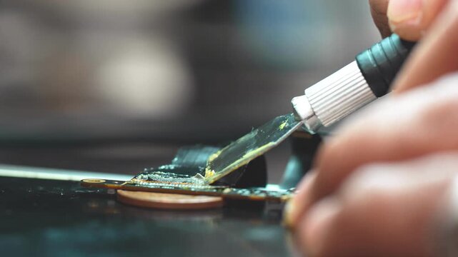 Technician repairing a laptop connector with precision tools close up detail workbench