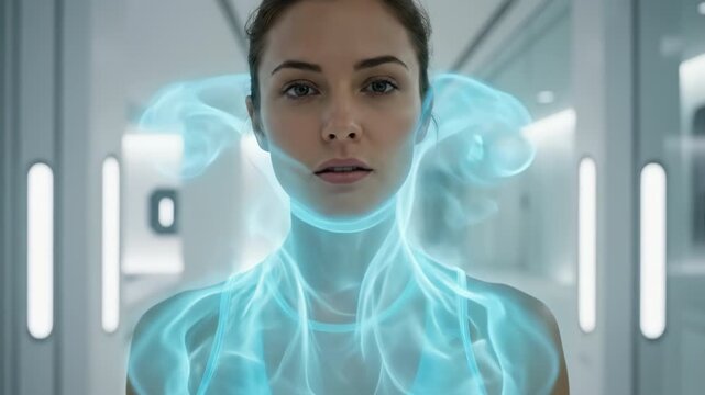 Woman looks forward in a modern facility wearing an innovative dress with a glowing blue energy overlay