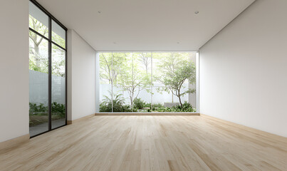 Fototapeta premium Modern, sunlit interior with expansive windows framing a verdant garden. Light wood flooring and white walls create a bright, minimalist space