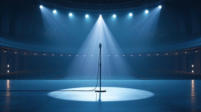 Empty microphone stand on theater stage under spotlights in large dark empty auditorium ready for performance or standup comedy show