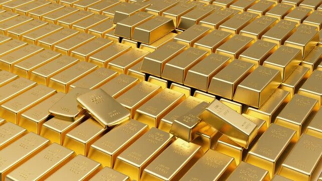 Rows of shiny gold bars with two shifting on the surface, highlighting the stacked bars, 3D animation.
