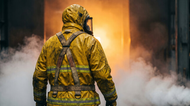 Back view of a brave firefighter in yellow fireproof suit and mask walking into a smoke filled building during a dangerous rescue mission
