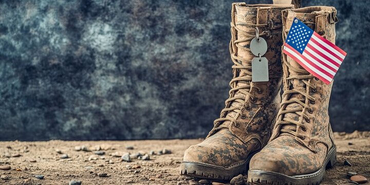 Patriotic Military Tribute with U.S. Veterans, Combat Footwear, and American Flag in Vintage Style