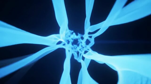 A wide, ethereal tracking video reveals vibrant electric blue light ribbons fluidly weaving and pulsing against an infinite midnight blue void with subtle lens flares, a futuristic abstract animation