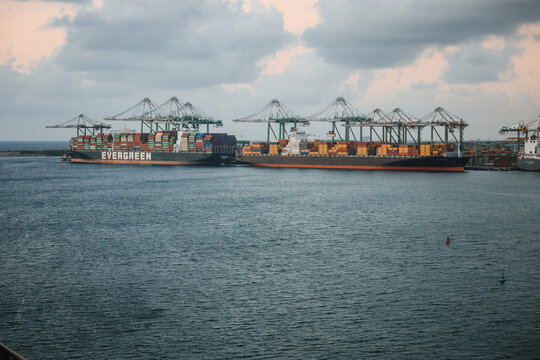 Port Limon, Costa Rica - March 7, 2025:Massive container ships Evergreen Ever Favor and OOCL Hamburg docked alongside each other at a busy port terminal under industrial gantry cranes.