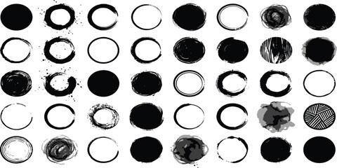 Fototapeta premium Set of distressed circle stamps and hand drawn ink brush stroke frames isolated on white background for graphic design texture and grunge effects vector