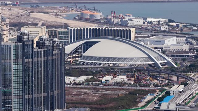 High angle view of macau taipa lrt station and cityscape
