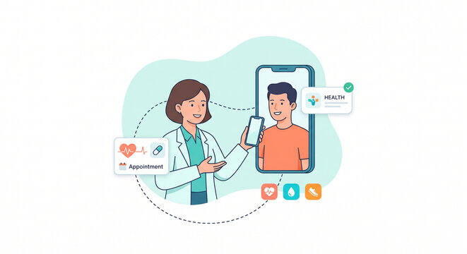 Online Telemedicine Consultation Concept with Female Doctor and Male Patient via Smartphone App