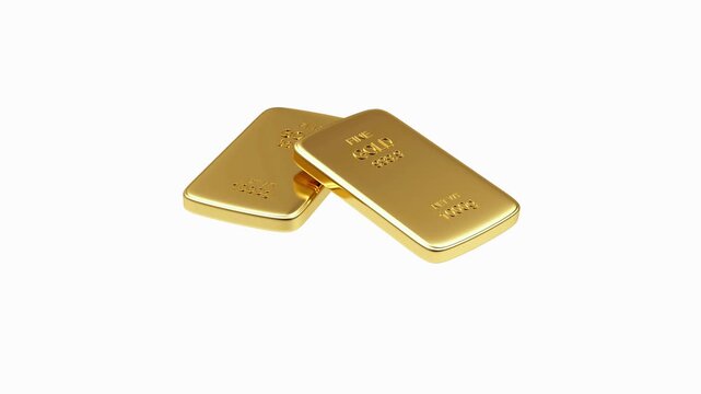 Two shiny flat gold bars rotate and overlap on a white background in a clean 3D render