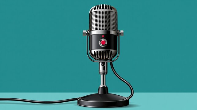 Vintage retro style desktop dynamic microphone against solid teal background used for old style radio broadcast and podcast recording showing classic audio equipment