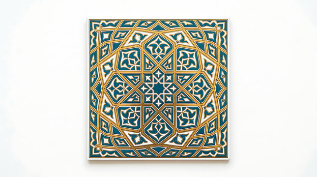 Ornate islamic geometric tile featuring intricate teal and gold patterns on a minimalist white background for elegant interior decor