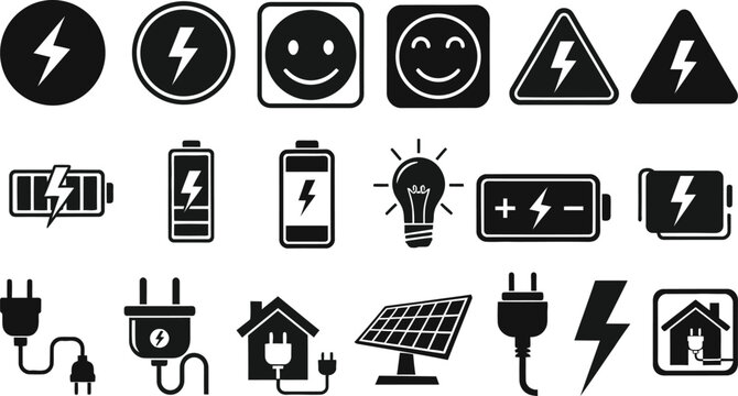 Collection of black and white electricity icons on white background