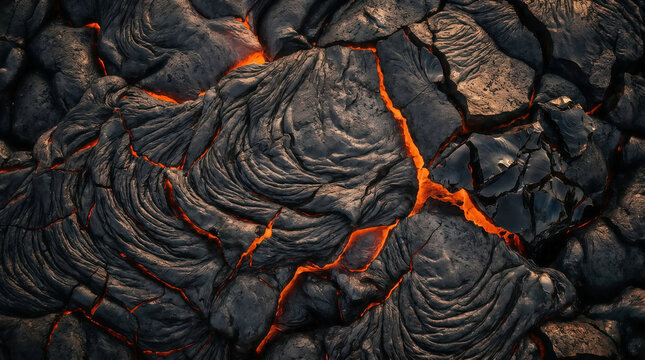 Dramatic close up of molten lava cooling into dark volcanic rock with glowing orange cracks and intricate textured magma surface patterns
