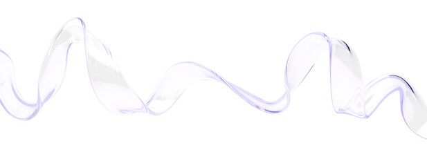 Fototapeta premium 3D abstract liquid glass transparent ribbon wave line with blue violet gradient on light pastel background. Flowing curves, crystal clear water, dynamic fluid flow, render glossy tape