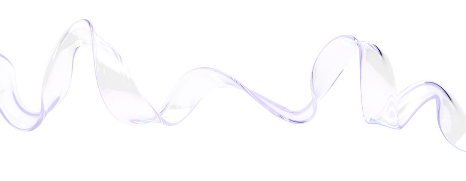 3D abstract liquid glass transparent ribbon wave line with blue violet gradient on light pastel background. Flowing curves, crystal clear water, dynamic fluid flow, render glossy tape