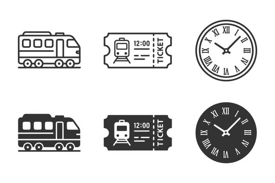 Icon set of train, ticket, and clock illustrations in black and white.