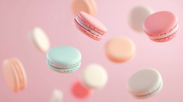 Colorful macarons float against a pink background showcasing their unique shapes and textures while adding a lighthearted touch