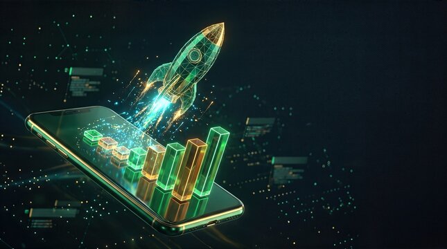 Premium Low Poly Wireframe Visualization of a Strategic Startup Launch Featuring Exponential Growth Analytics and Futuristic Rocket Iconography in a High-Contrast Emerald Digital Space