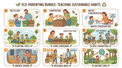 Fototapeta premium Illustrated eco-parenting bundle teaching sustainable habits on World Environment Day with a colorful and educational flat lay composition