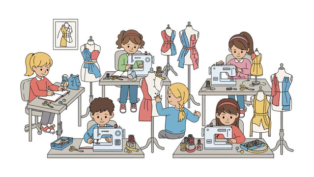 Fashion Class Fun: A group of children excitedly participate in a sewing class, diligently working on sewing machines and mannequins, learning the art of fashion design.