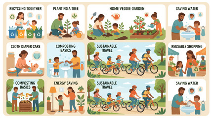 Fototapeta premium Infographic illustration of diverse eco-friendly activities for World Environment Day with people recycling, planting trees, gardening, and conserving water