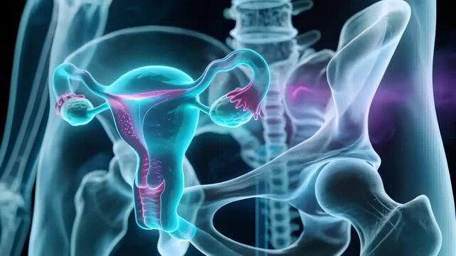 Shifting camera revealing neon uterus, tubes, ovaries in 3D render, lining pulsing for education