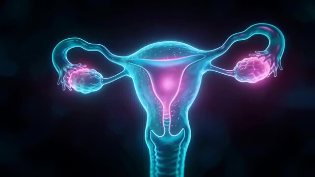 Lighting uterus model starting uterine pulsing, ovaries, tubes glowing at frontal view speckles