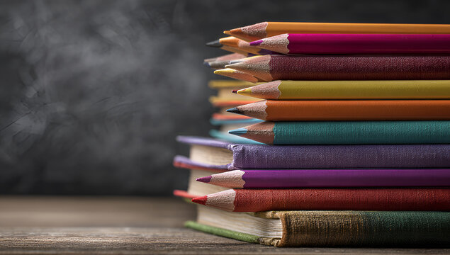 Close-up of stacked colorful pencils resting on top of a pile of books against a chalkboard background, signifying knowledge