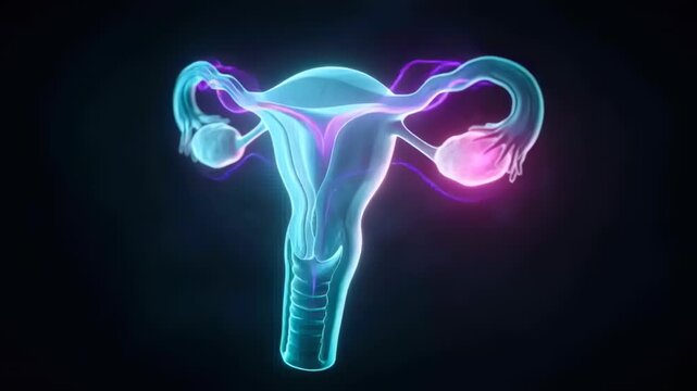 Right ovary glowing sparking neon uterus pulsing magenta streams along fallopian tubes in studio