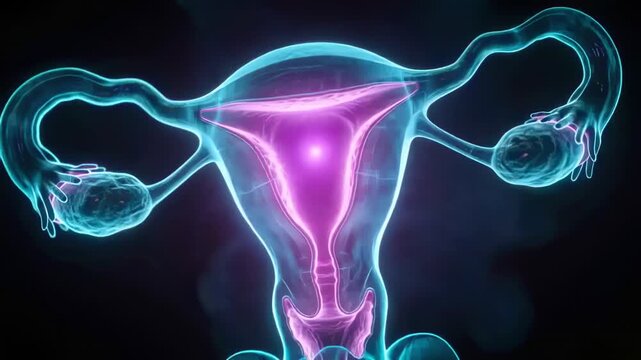 Rotating 3D model revealing anatomy of uterus, endometrium, fallopian tubes and ovaries in studio