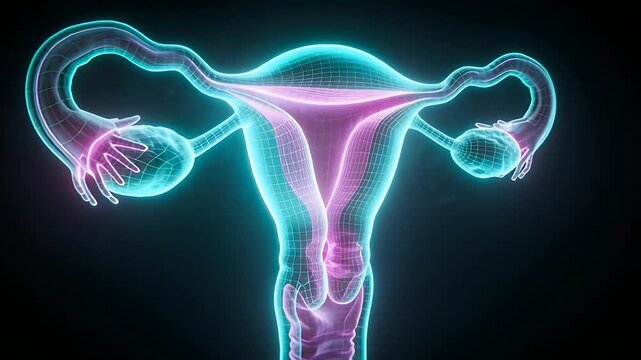 Animating 3D uterus rotating on start in dark void, showing magenta cavity and fimbriae for study
