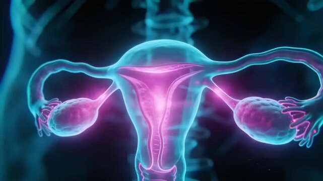 Starting animation, uterus model pulsing along tubal paths and ovaries in studio, neon cyan glow