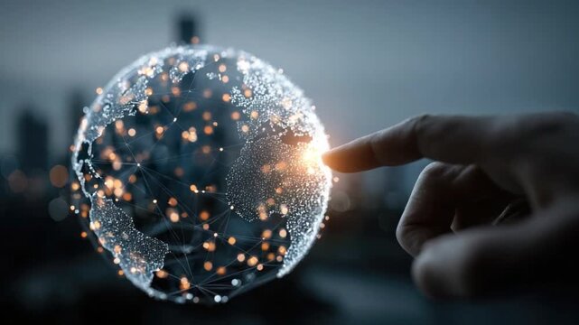 Digital Globe Connection: A fingertip touches a glowing, interconnected digital sphere representing global connectivity and advanced technology, set against a blurred cityscape.