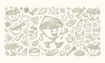 Fototapeta premium Pho-inspired fusion bowls. Vintage Vietnamese Pho Noodle Soup Mascot and Asian Fusion Culinary Cooking Ingredients Doodle Set.