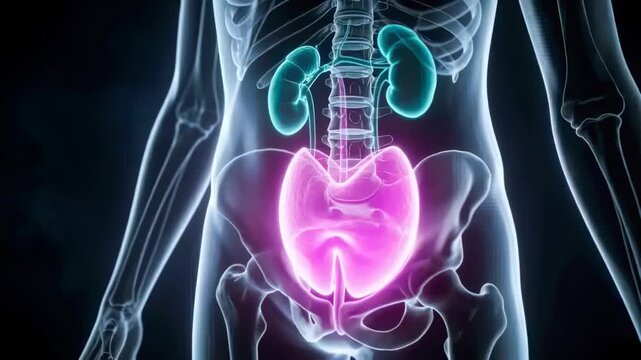 Animating bladder expanding and glowing after playback in medical render, showing kidneys for study