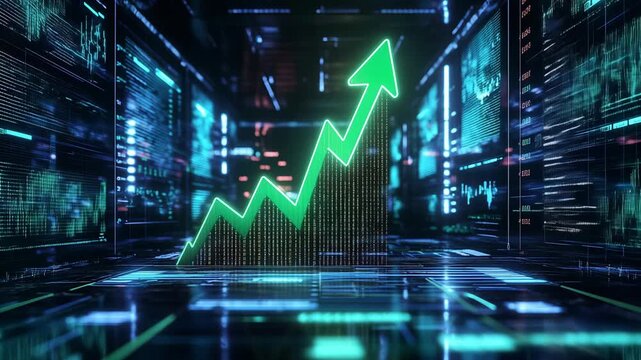 Graphs and data illustrate an increase in market performance through digital analytics and investment insights in real time