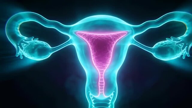 Looping, neon uterus pulsing and sending light along fallopian tubes on dark backdrop for education