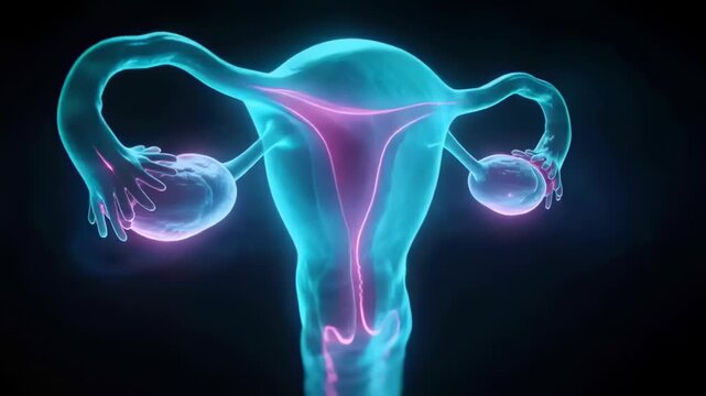 Rotating camera revealing uterus right tube profile in dark mist space, particles tracking cervix