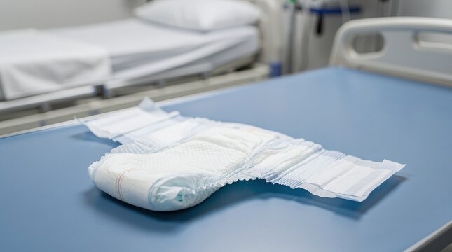 Clean disposable adult hygiene product, absorbent pad, or incontinence brief on a blue examination table in a medical facility with a hospital bed blur in the background, a focus on healthcare and pat