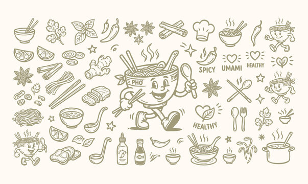 Pho-inspired fusion bowls. Vintage Vietnamese Pho Noodle Soup Mascot and Asian Fusion Culinary Cooking Ingredients Doodle Set.