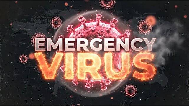 Emergency virus text on world map with red pathogens.