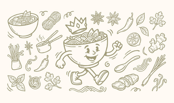 Pho-inspired fusion bowls. Vintage Vietnamese Pho Noodle Soup Mascot and Asian Fusion Culinary Cooking Ingredients Doodle Set.
