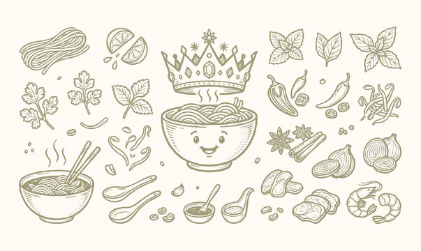 Pho-inspired fusion bowls. Vintage Vietnamese Pho Noodle Soup Mascot and Asian Fusion Culinary Cooking Ingredients Doodle Set.