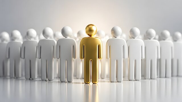 Golden figure standing out from white crowd representing leadership uniqueness talent recognition individuality success and business distinction