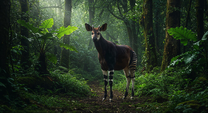 Okapi standing in dense misty rainforest at dawn